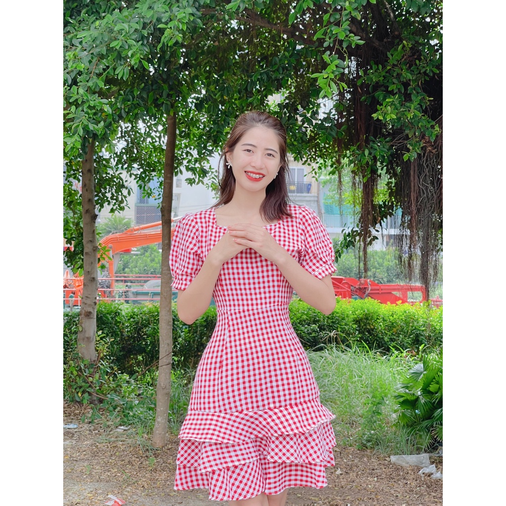 ĐẦM NỮ SUÔNG CARO PHỐI BÈO TẦNG CỰC XINH SANG CHẢNH TIỂU THƯ HÌNH SHOP TỰ CHỤP MẪU MẶC MET 65