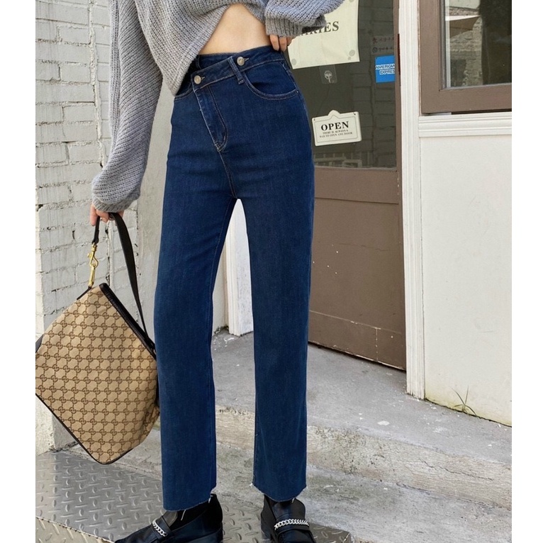 Quần jeans nữ ống đứng cạp chéo cá tính mã 5021
