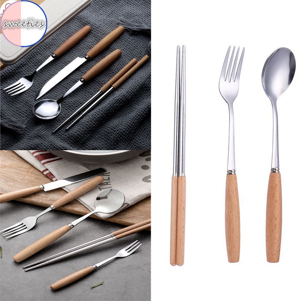 1 Bộ Muỗng Đũa Nĩa Bằng Thép Không Gỉ Tay Cầm Gỗ Phong Cách Retro