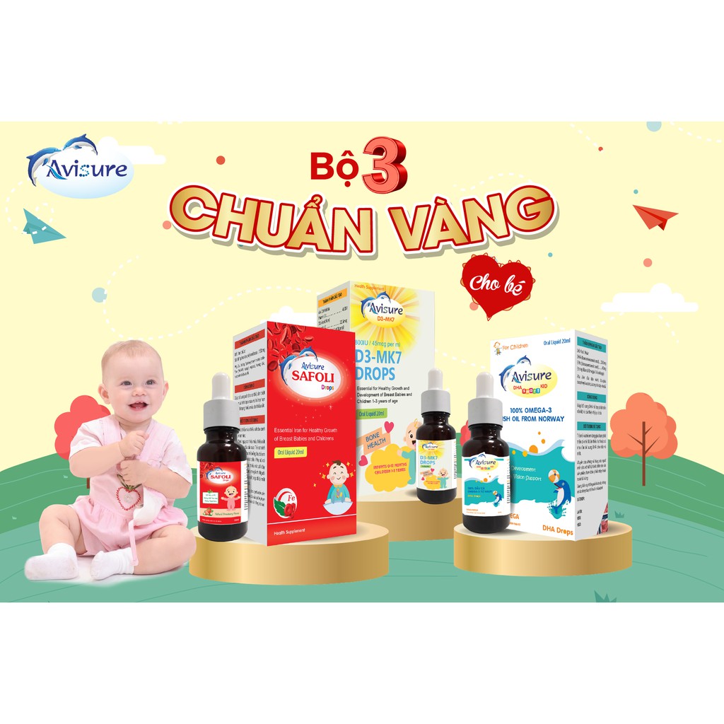 Bộ ba DHA nhỏ giọt, Vitamin D3 K2 nhỏ giọt, và Sắt Safoli nhỏ giọt Avisure cho bé từ 0 tháng tuổi