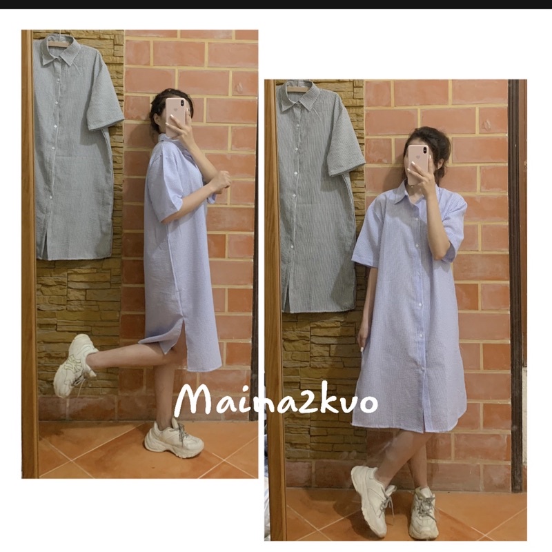Váy polo form rộng cộc tay kẻ sọc - Đầm sơ mi dáng oversize | BigBuy360 - bigbuy360.vn