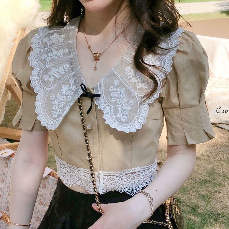 Set áo cổ ren và chân váy chữ A phong cách mới cho nữ