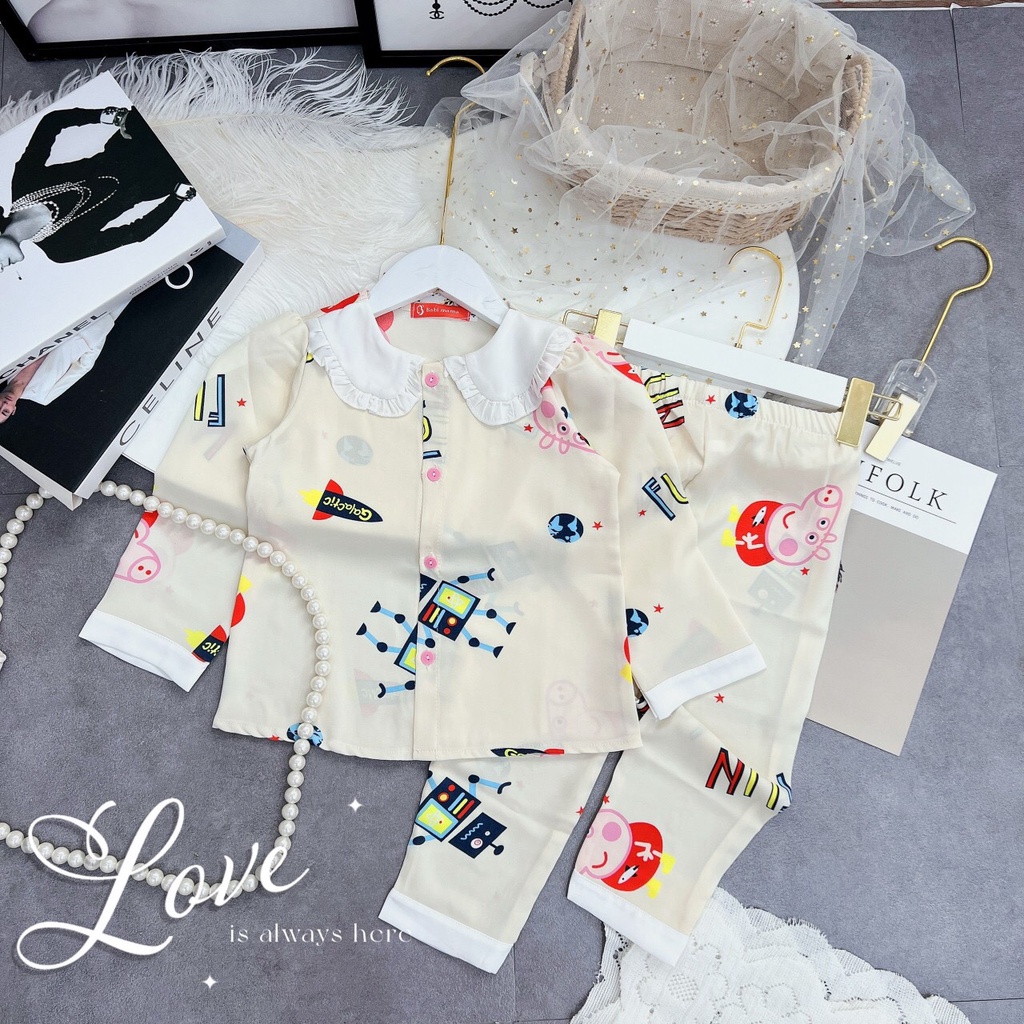 Bộ Ngủ Pijama Lụa Mango  Dài Tay cổ bèo cho bé gái