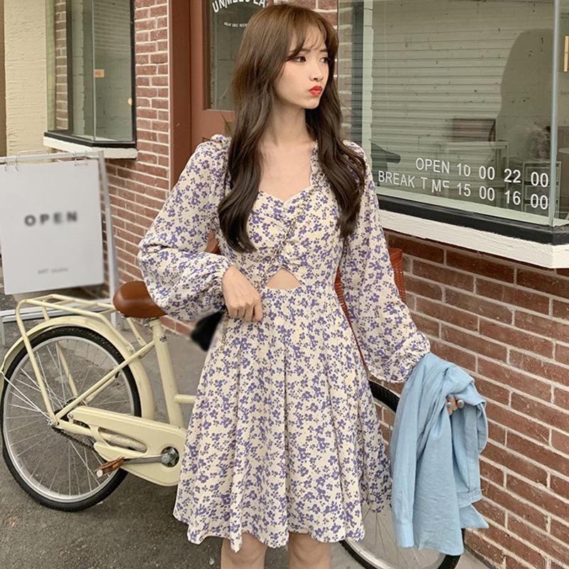 Đầm hoa tay phồng cổ chữ v khoét lỗ thời trang Hàn Quốc dành cho nữ