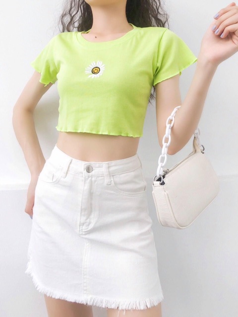 ❤Áo Croptop Biên Thuê Hoa Mặt Cười Siêu Hot❤️ chất thun gân mềm mịn, free size dưới 55kg vừa