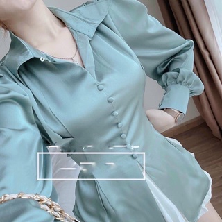 Áo  kiểu sơmi lụa cúc bọc buộc nơ sau( chất tuyết nhung siêu sang )