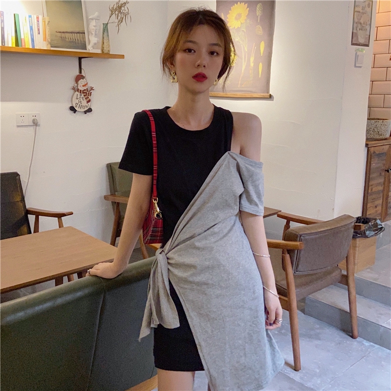 SUXI Đầm Thun Tay Ngắn Phối Dây Thắt Thời Trang Mùa Hè Cho Phái Nữ