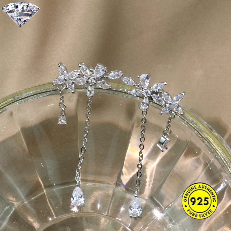 Bông tai mạ bạc 925 hình hoa năm cánh đính đá phối tua rua phong cách Hàn Quốc cho nữ