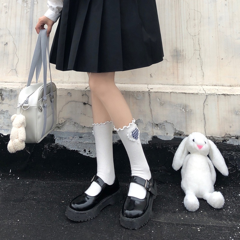 Vớ Dài Ngang Bắp Chân Bằng Vải Cotton Có Gân Phối Bèo Nhún Họa Tiết Caro Trái Tim 3D Phong Cách Lolita Ngọt Ngào Cho Nữ