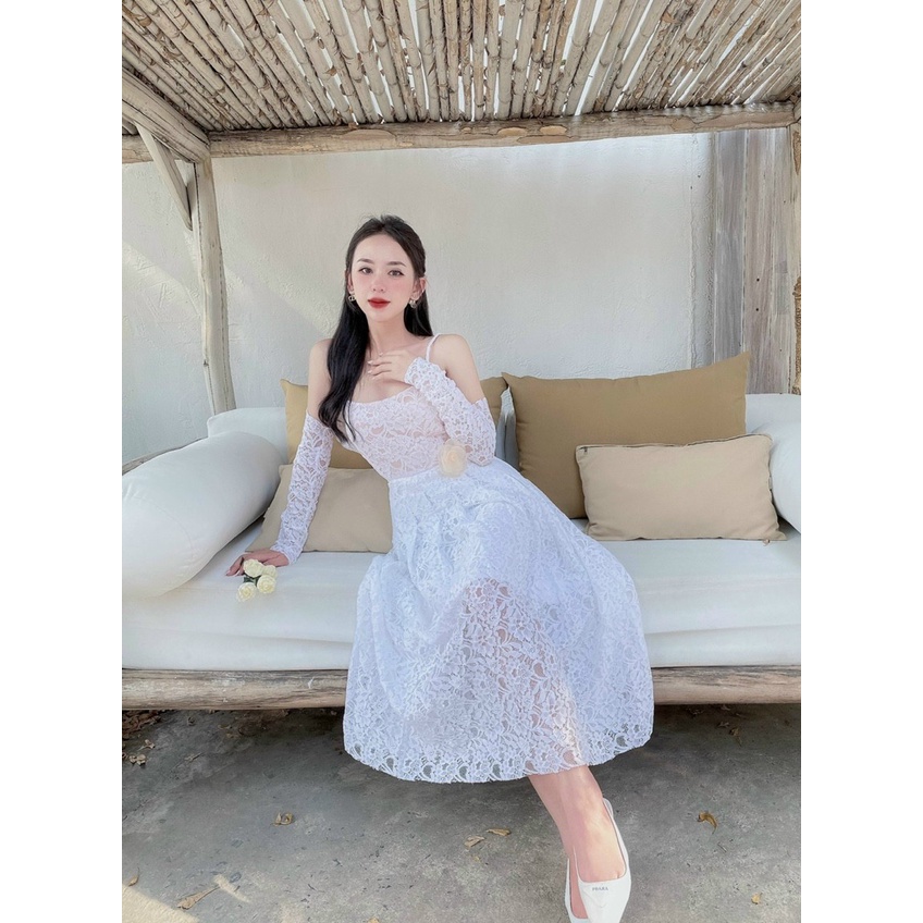 SET ĐẦM REN DỰ TIỆC HAI DÂY KÈM KHOÁC NGOÀI