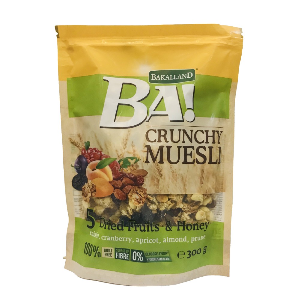 Ngũ cốc Trái Cây BAKALLAND Muesli giòn và trái cây nho, nam việt quất, mơ, mận, hạnh nhânBakalland (300g) XANH LÁ