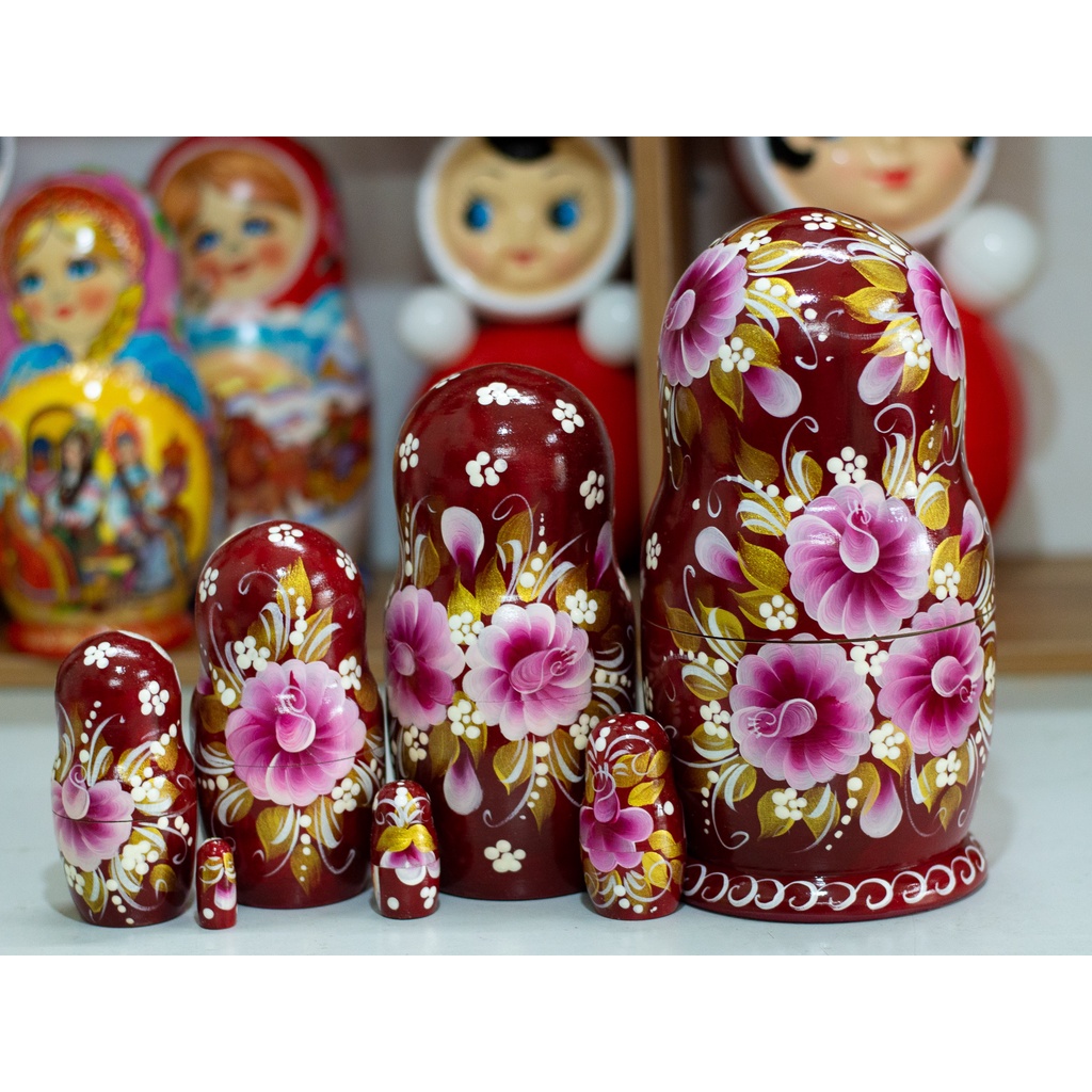 (CÓ VIDEO) BỘ BÚP BÊ NGA MATRYOSHKA 7 LỚP 21CM &quot;PHONG CẢNH MÙA ĐÔNG&quot; MÀU ĐỎ BÓC-ĐÔ CỰC ĐẸP VÀ SANG TRỌNG