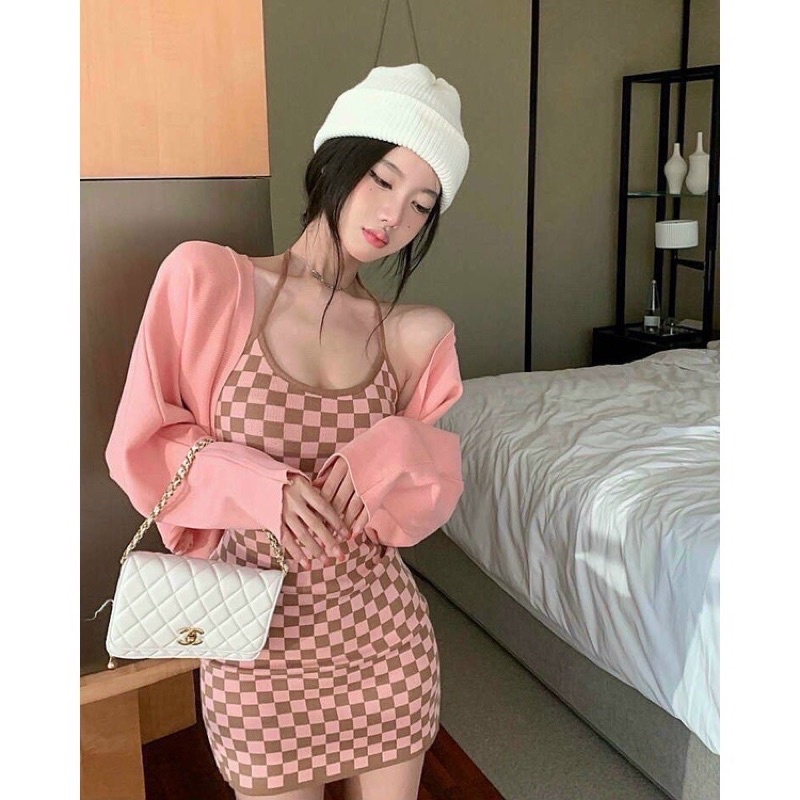 SET ĐẦM YẾM SỌC CARO KÈM ÁO KHOÁC CARDIGAN TRANG PHỤC DẠO PHỐ