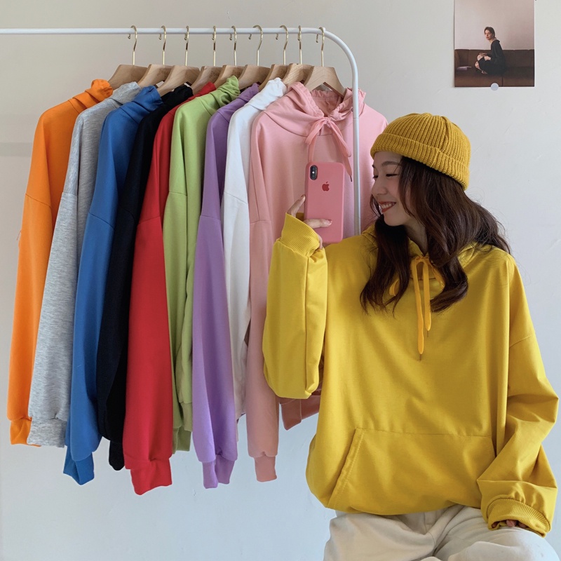 SUXI Áo Hoodie Mỏng Tay Dài Dáng Rộng Màu Trơn Thời Trang Mùa Thu Mới