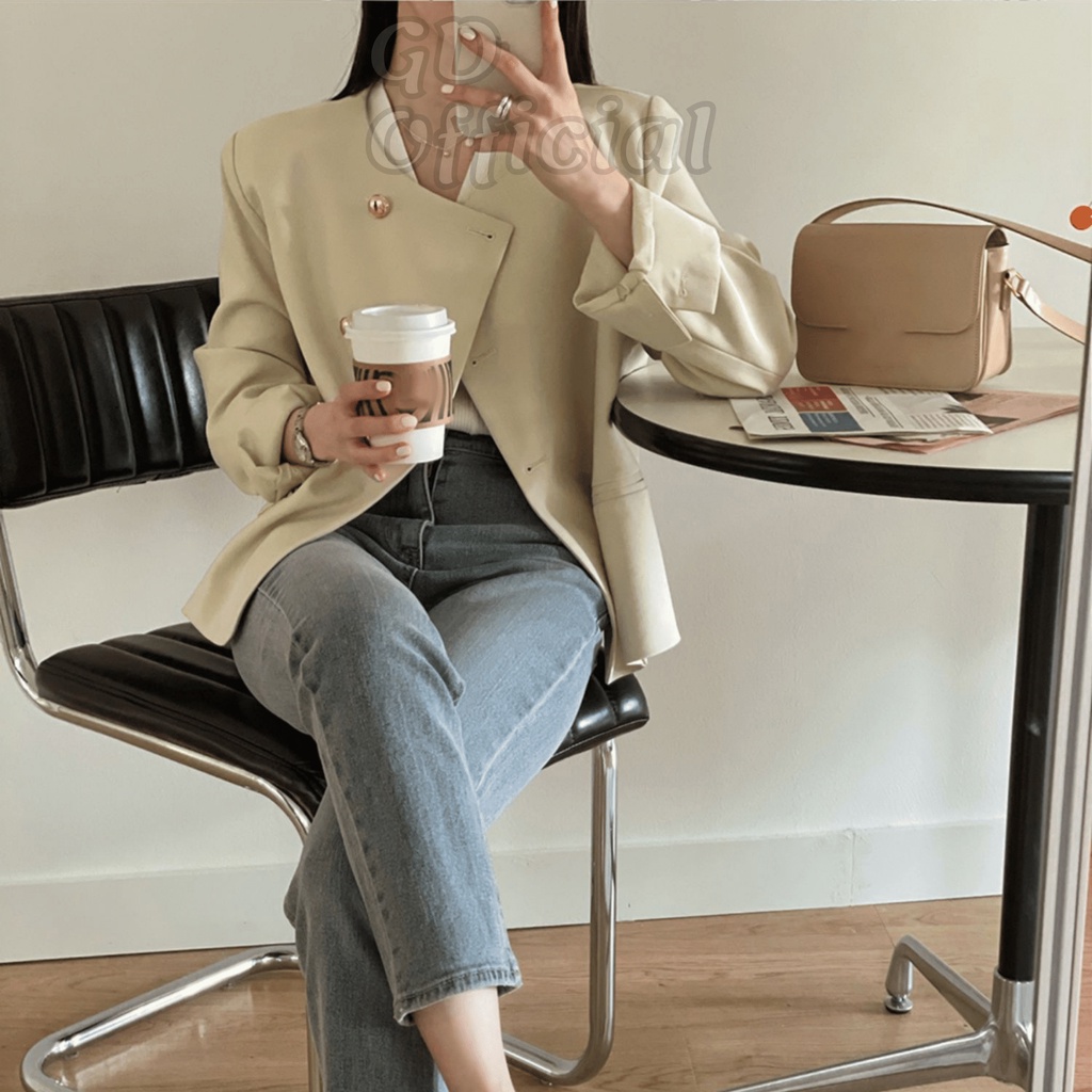K4|Áo khoác vest cài nút hàn quốc dáng ngắn cho nữ công sở thanh lịch màu kem gd_order