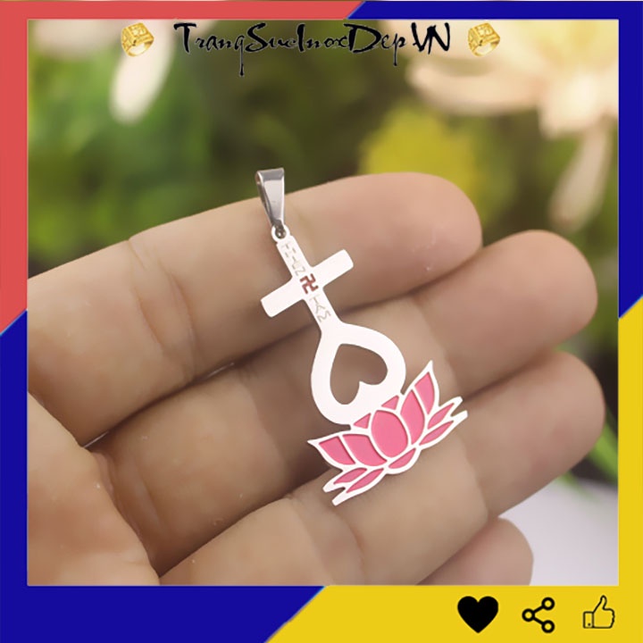 Mặt dây chuyền thiên tâm đế hoa sen màu hồng bằng inox sáng đẹp, không đen đem lại bình an may mắn cho người đeo