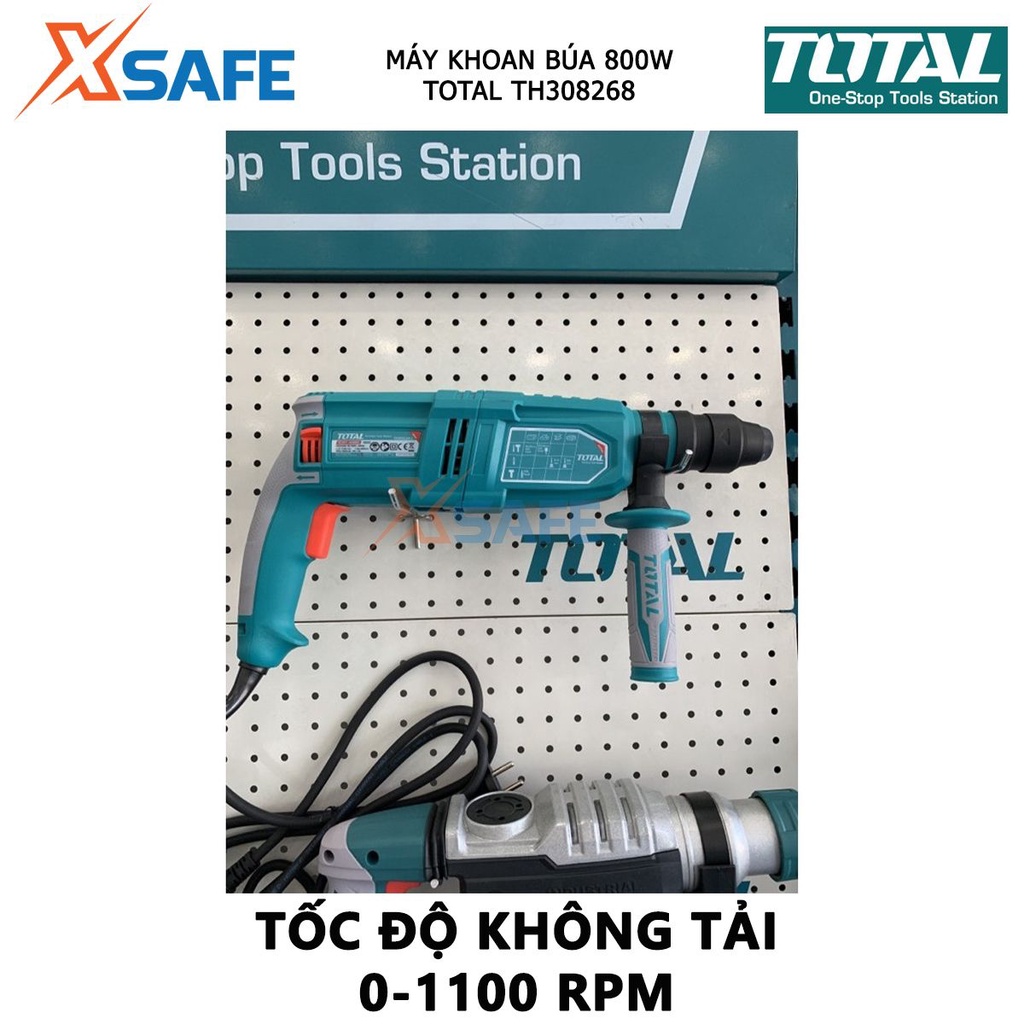 Máy khoan bê tông cầm tay TOTAL TH308268 công suất 800W, lực đập 2.5J, kèm 3 mũi khoan bê tông, 2 mũi đục - xsafe