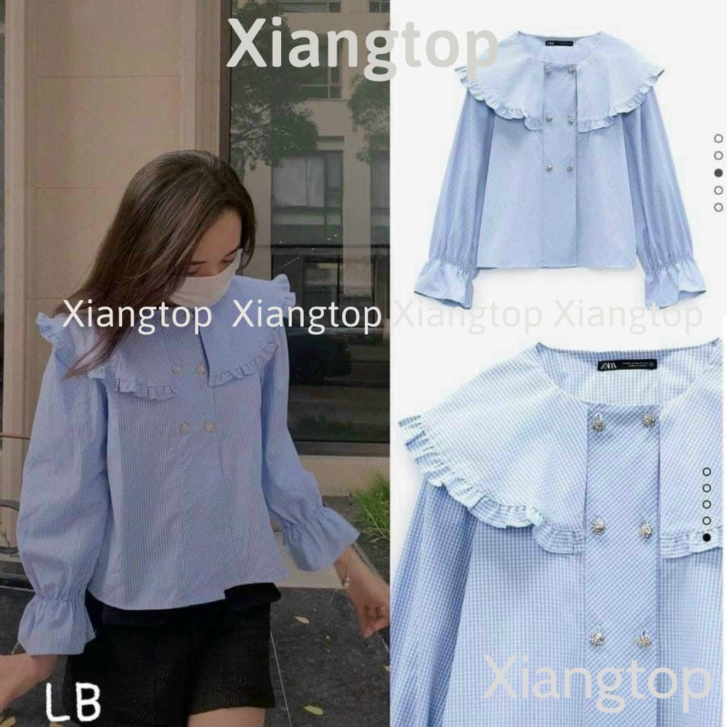 Áo sơ mi kiểu kẻ xốp cổ bèo babydoll tay bèo 2 màu hàng đẹp HA0005 aosomicongsothietke
