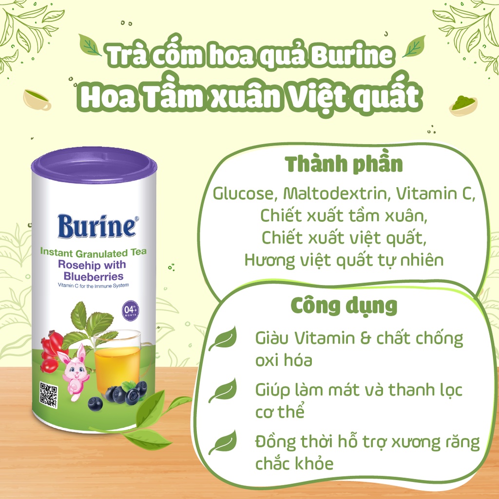 Trà Hoa Quả Hòa Tan BURINE Vị Tầm Xuân - Việt Quất Thơm Ngon, Bổ Sung Vitamin C Cho Bé Từ 4 Tháng Tuổi