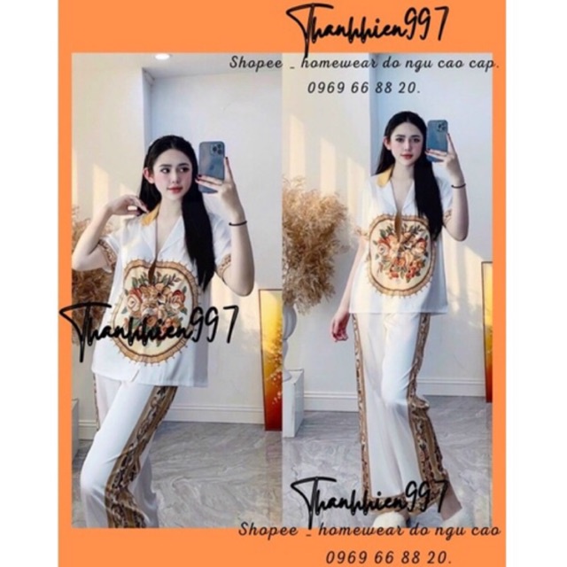 PIJAMA ĐÙI - TAY NGẮN - TAY DÀI HOA TRÀ NÂU N004