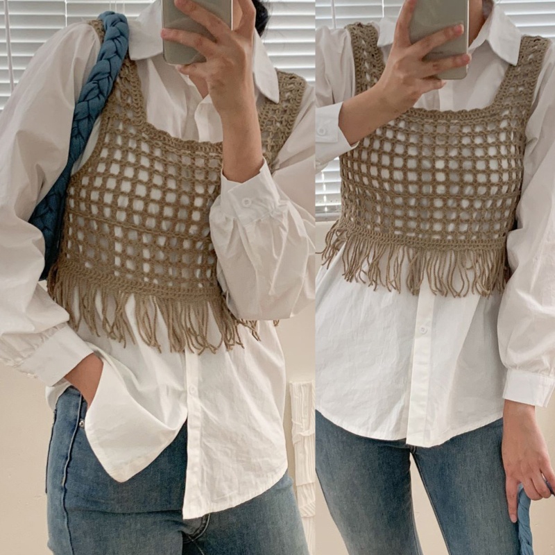 Áo Croptop Sát Nách Dáng Rộng Phối Tua Rua Thời Trang Cho Nữ