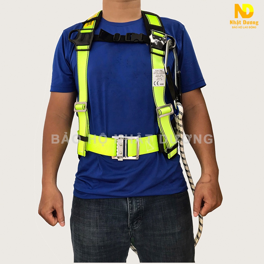 Dây đai an toàn bán thân móc thép có giảm xóc BT06, Dây bảo hộ lao động Nhật Dương có điệm lưng túi đựng