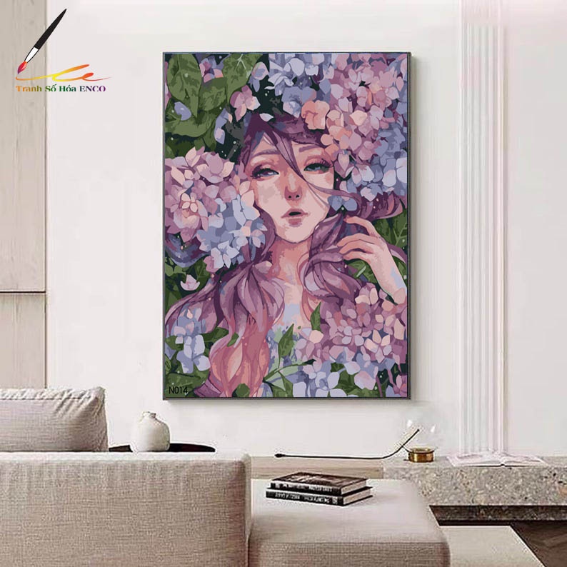 Tranh tô màu theo số ❤️ tranh cô gái hoa cẩm tú cầu ❤️khung 40x50 N014
