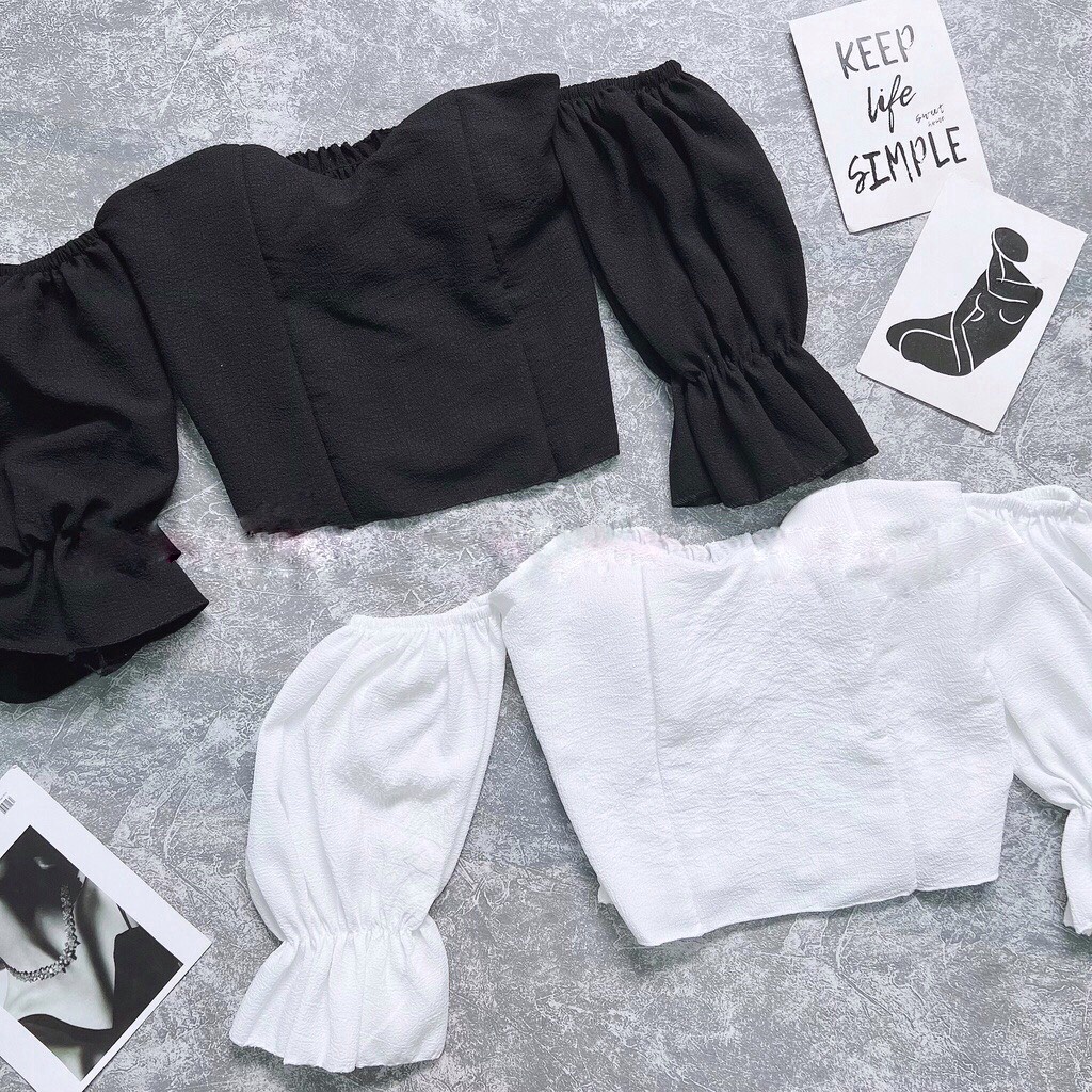 Áo Croptop Trễ Vai Tay Phồng Dáng Ôm Cúp Ngực Phong Cách Tiểu Thư Sang Chảnh