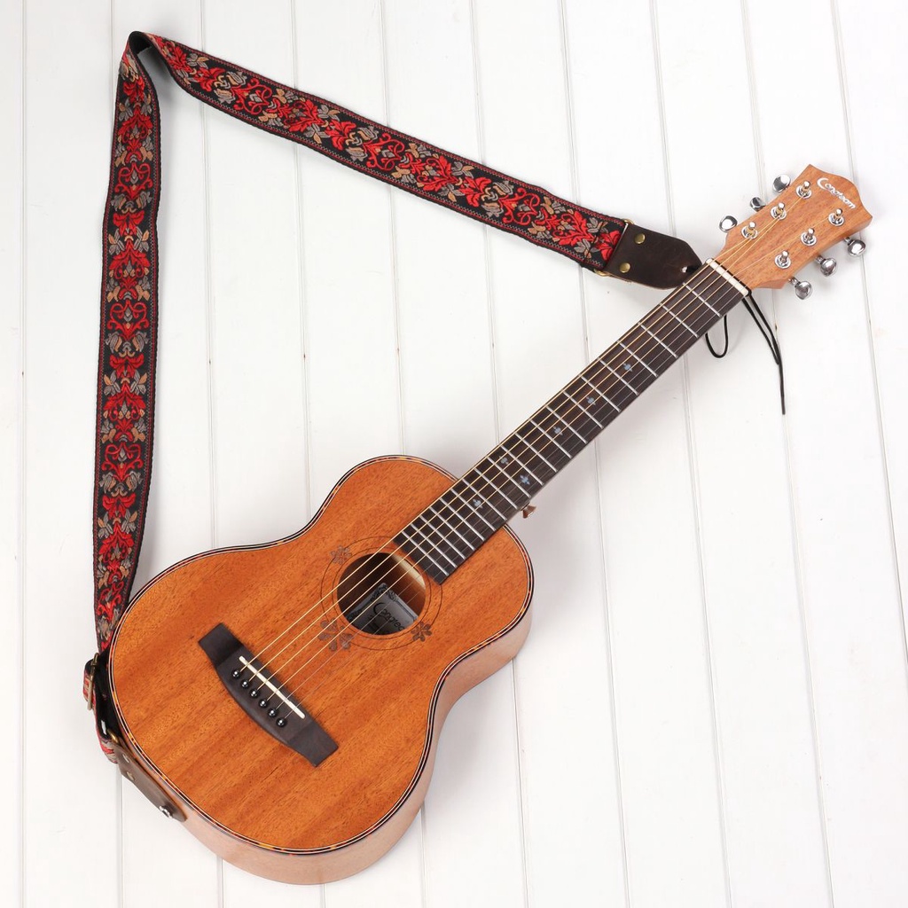 Dây Đeo Đàn Guitar Bass Bằng Vải Dệt Phối Da Thật Thêu Hoa Sọc Đỏ Đen Phong Cách Bohemia