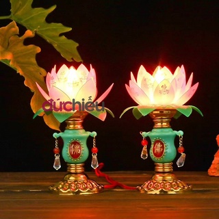 Đèn thờ cúng hoa sen xanh ngọc để bàn thờ cao 17cm – Đức Hiếu Shop
