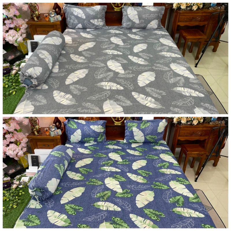 BỘ 4 MÓN DRAP GA THUN LẠNH HÀN  HỌA TIẾT LÁ MÁT LẠNH MỀM MƯỚT- ACHUASHOP