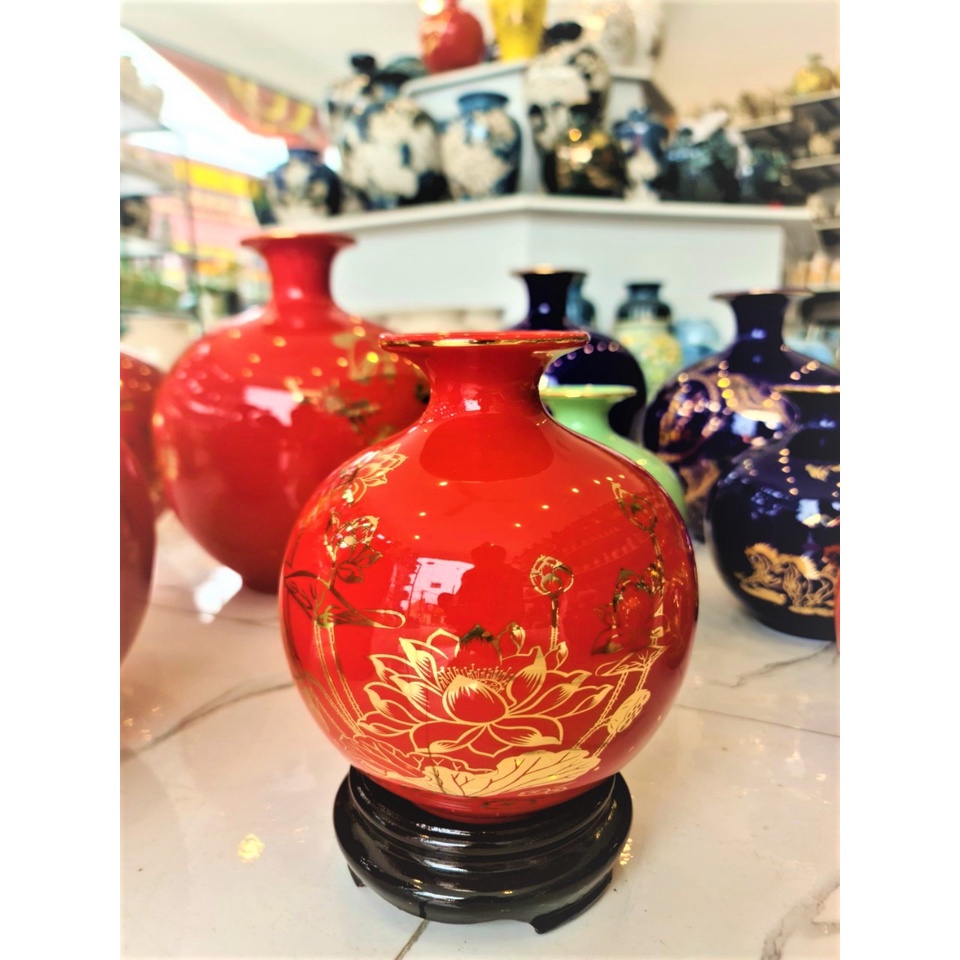 (28cm)Quà tặng Bình hút lộc Hoa sen vàng vẽ tay, Bình hút tài lộc mang đến may mắn bình an cho gia chủ