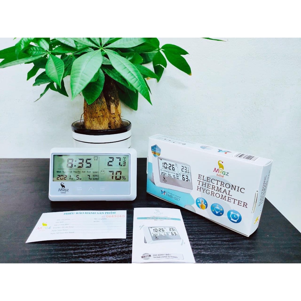 [BH CHÍNH HÃNG 1 NĂM] Nhiệt kế đo độ ẩm và nhiệt độ phòng, đồng hồ báo thức MOAZ BEBE MB-027 &quot;Nhiệt kế đa năng''
