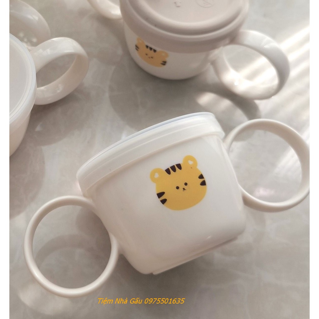Cốc tập uống nước gấu thỏ tay cầm có 2 nắp thay thế cốc dùng cho bé ăn dặm kèm ống hút và cọ rửa ống hút
