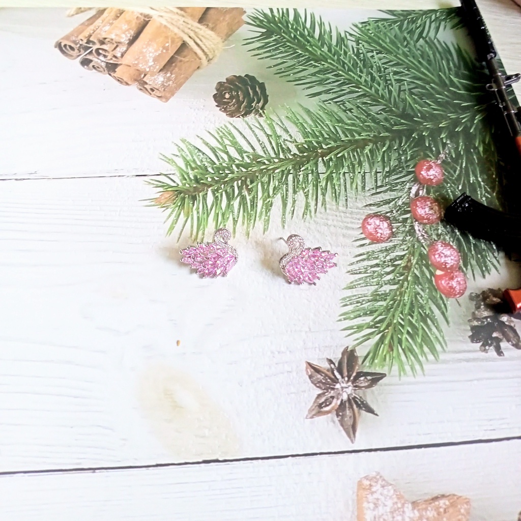 Bông tai bạc 925 thiên nga đính đá zircon tím, vàng, hồng