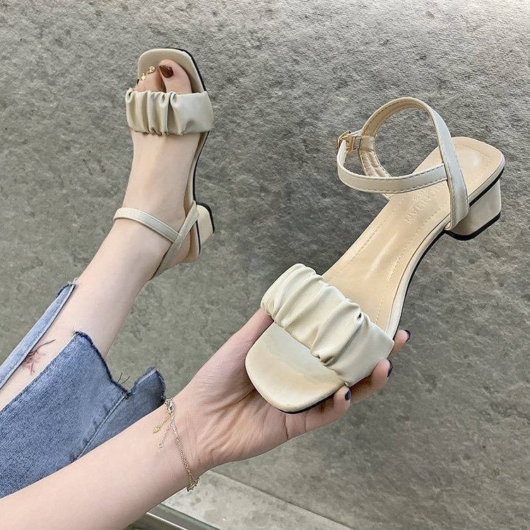 Sandal cao gót nữ 5p, Giày cao gót 5 phân mũi vuông quai xếp ly TH97 đẹp trẻ trung đi học đi chơi