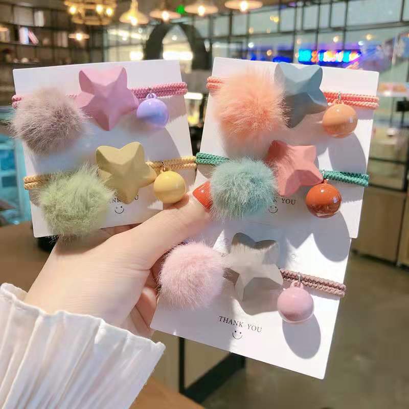 Dây Buộc Tóc Cao Su Co Giãn Phối Bóng Lông Hình Ngôi Sao Năm Cánh Màu Sắc Ngọt Ngào Phong Cách Hàn Quốc