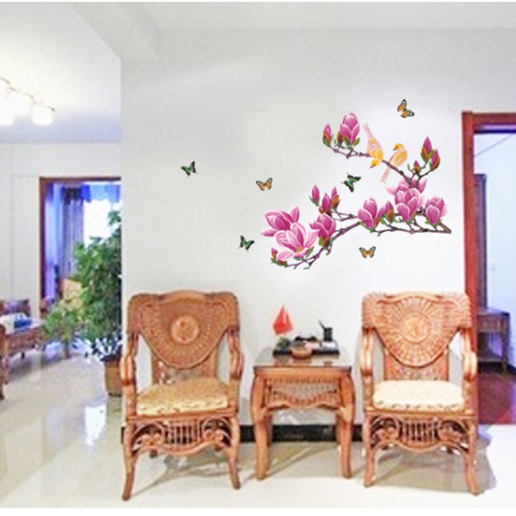 Decal trang trí tường - Cành hoa hồng cùng đàn bướm