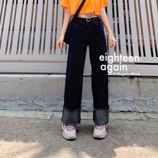 Quần Jeans Đen Suông Lưng Cao Qua Rốn BigSize Dài 105cm / Ống Rộng Phom To Không Giãn