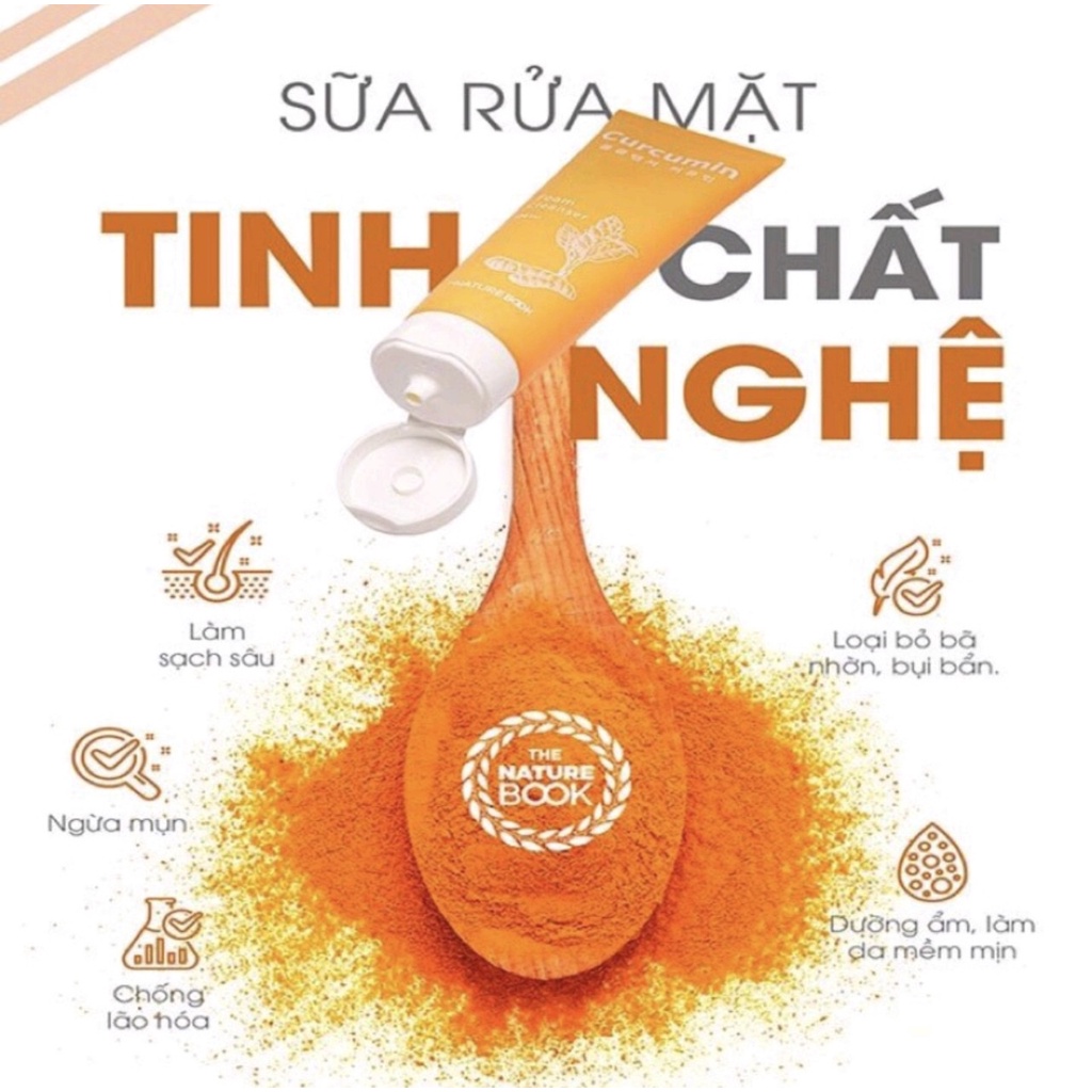 The Nature Book sữa rửa mặt Tinh chất nghệ Foam Cleanser Curcumin 120ml, Làm sạch sâu, loại bỏ bã nhờn, bụi bẩn