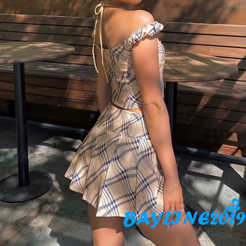 Áo Yếm Cổ Chữ V/Chân Váy Xếp Li Họa Tiết Sọc Ca Rô Quyến Rũ Dành Cho Nữ