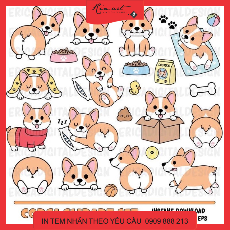 Bộ 100 sticker cún corgi cực kute dùng để trang trí điện thoại di động/ván trượt/vali không để lại dấu keo