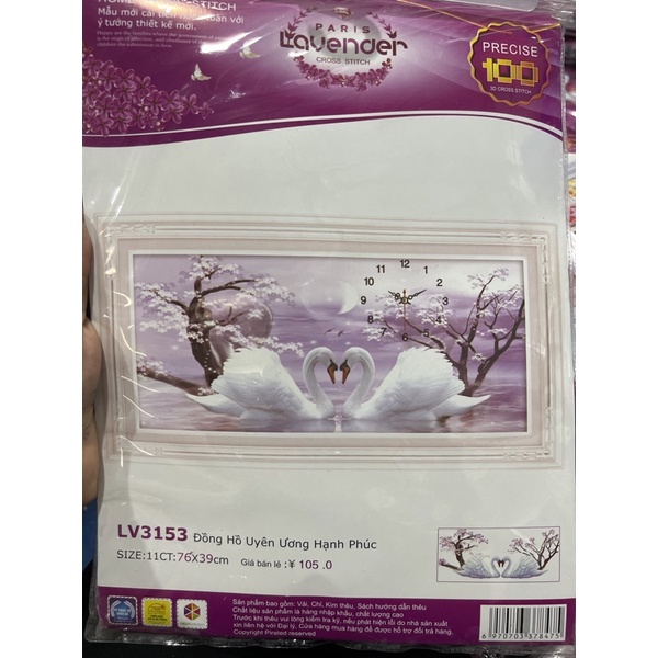 tranh thêu chữ thập đồng hồ lv3153 (76x39) đôi thiên Nga Uyên ương hạnh phúc