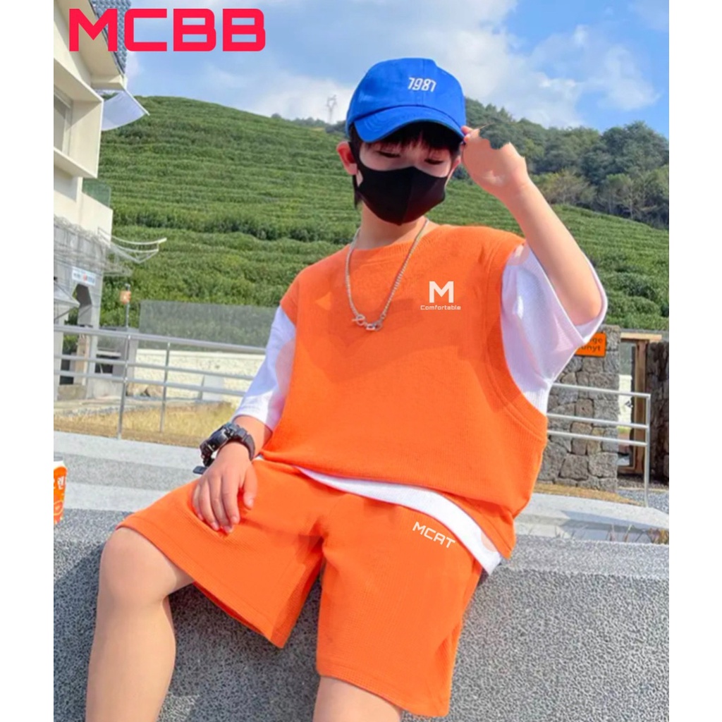 Mcbb 24-49 kg 100% vải cotton đồ bộ bé trai áo phông bé trai cộc tay quần đùi short hiphop bộ quần áo bé trai trẻ em nam