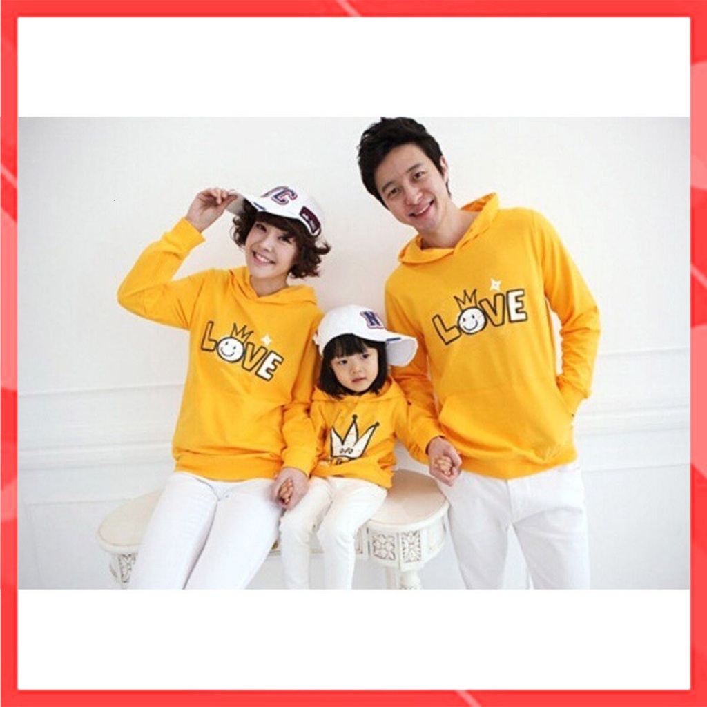 Áo Gia đình Dài Tay Familylove - Mẫu Áo Gia đình Hoodie Dài Tay Chữ Love vương miện Nón/Túi Chất Nỉ Da Cá Cotton 100%