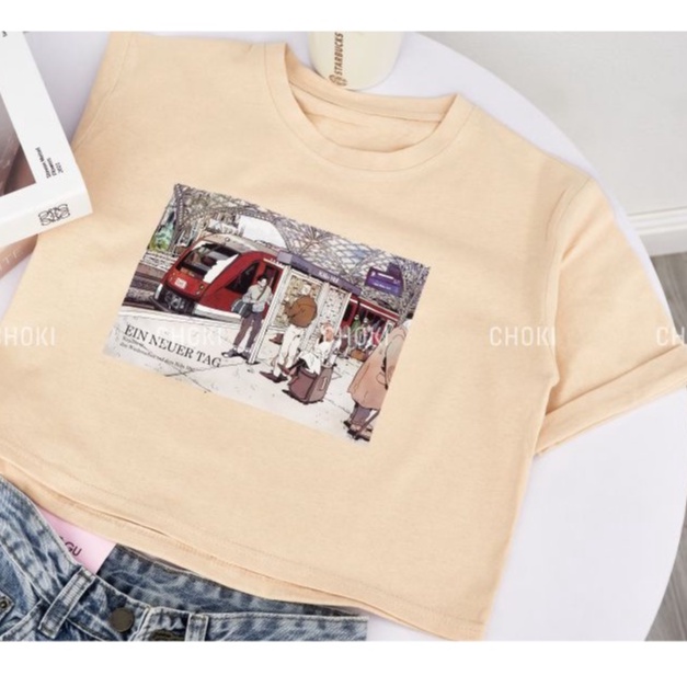 Áo Croptop Form Rộng Nữ Phông Kiểu Cộc Tay Phong Cách Hàn Quốc Bốn Màu Tùy Chọn  Tranh Vintage Tàu Điện  Choki Ms00734
