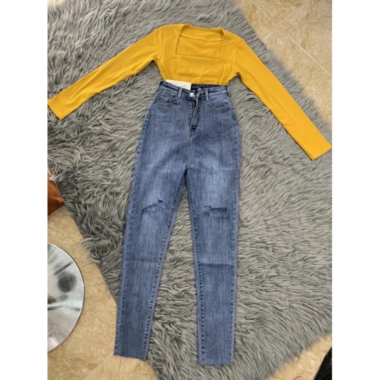 Quần jeans RÁCH GỢN SÓNG lưng siêu cao