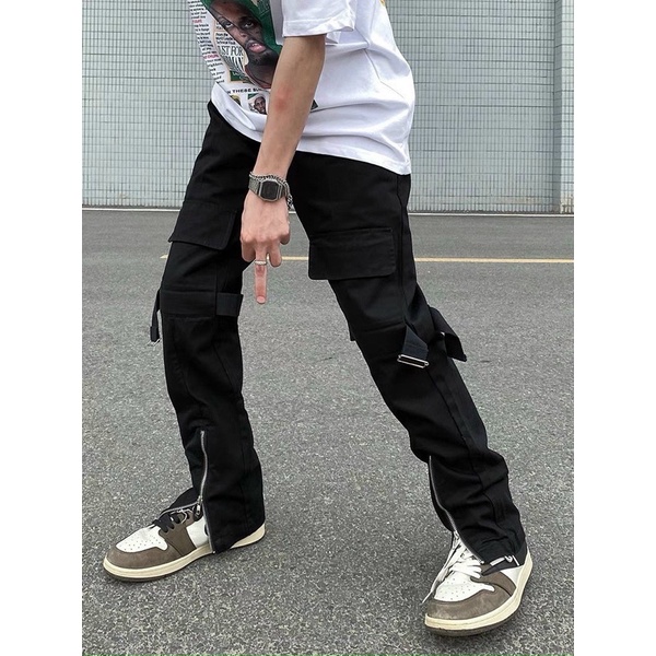 quần kaki đen phối dây và dây kéo