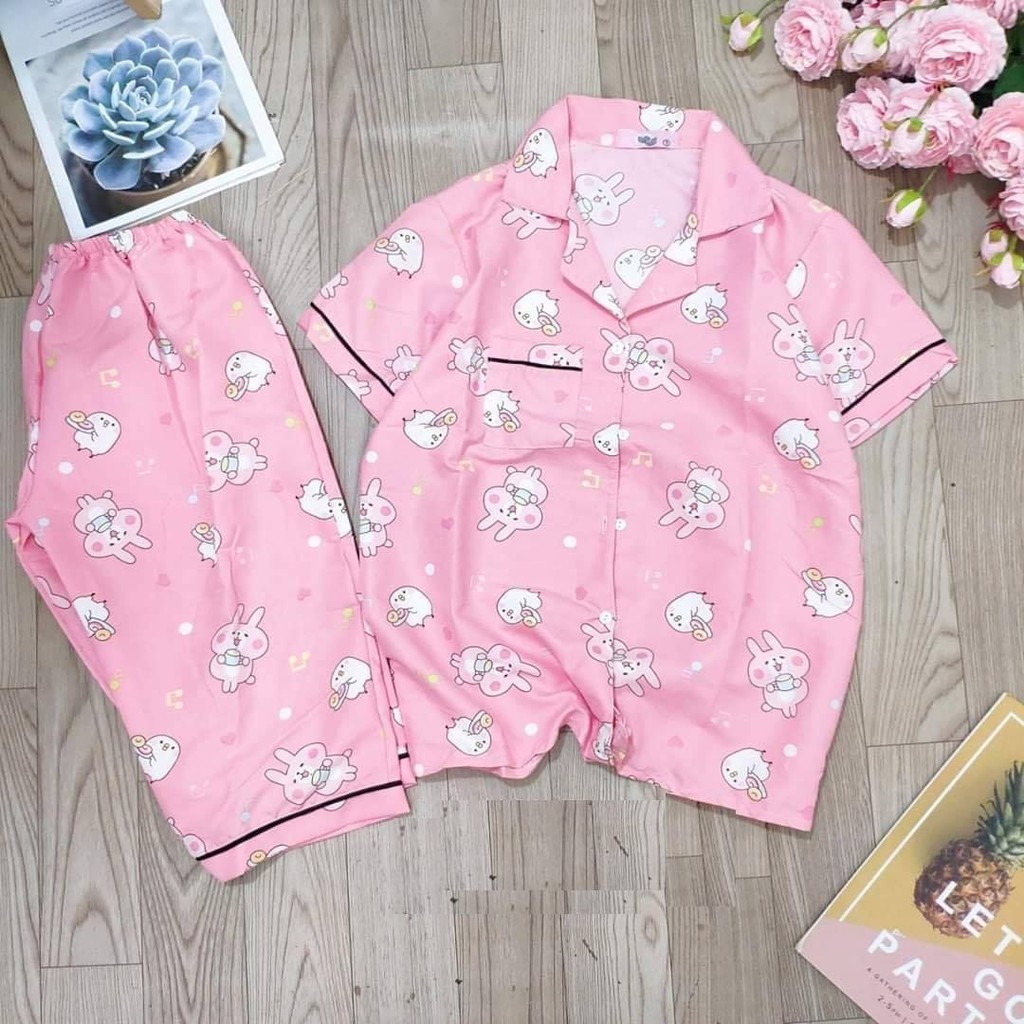 Set Bộ Pijama Lửng Kate Nữ Bộ Ngủ Áo Sơ Mi Thun Cộc Tay Quần Ngố | BigBuy360 - bigbuy360.vn