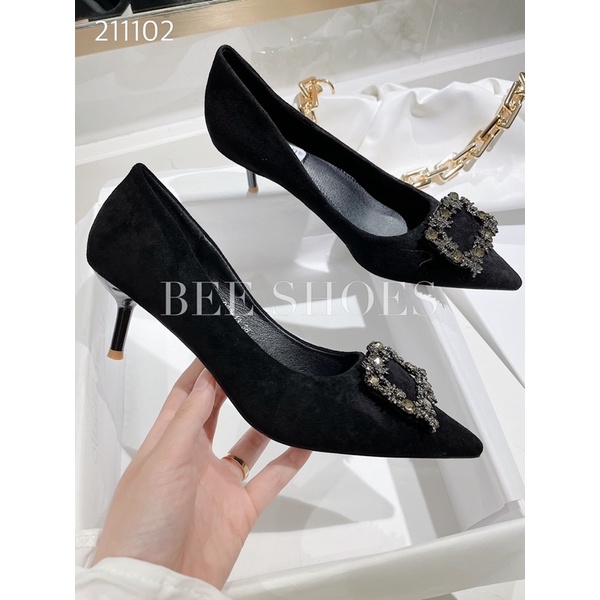 BEESHOES - GIÀY CAO GÓT NỮ MŨI NHỌN - GIÀY CAO GÓT NỮ GÓT NHỌN CAO 5 PHÂN SẴN MÀU ĐEN DA LỘN 211102